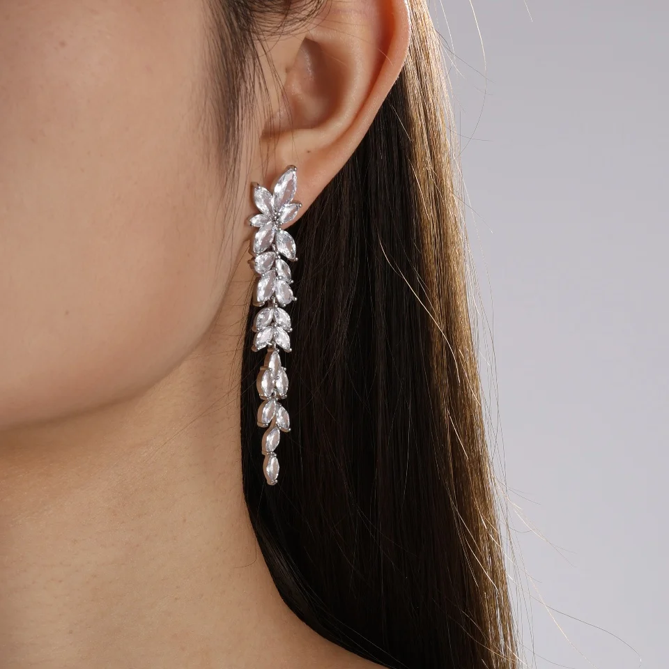 ZAKOL Water Drop Zircon Leaf Shape Bridal Wedding Dangle Earrings For Women Temperament Elegant Party Gift Jewelry Accessories