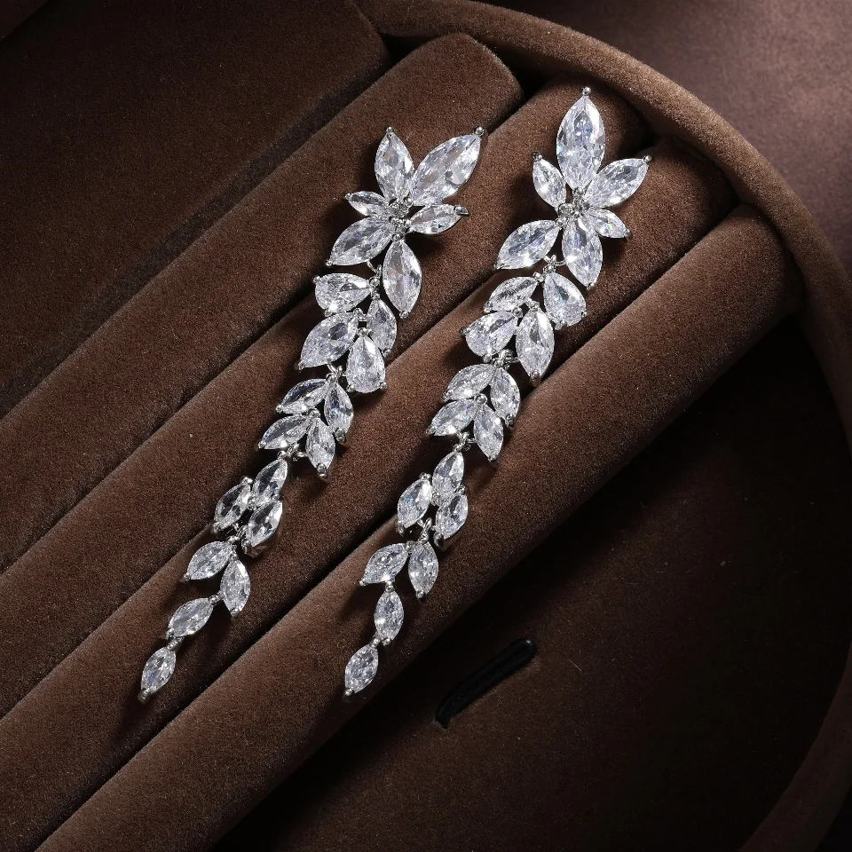 ZAKOL Water Drop Zircon Leaf Shape Bridal Wedding Dangle Earrings For Women Temperament Elegant Party Gift Jewelry Accessories