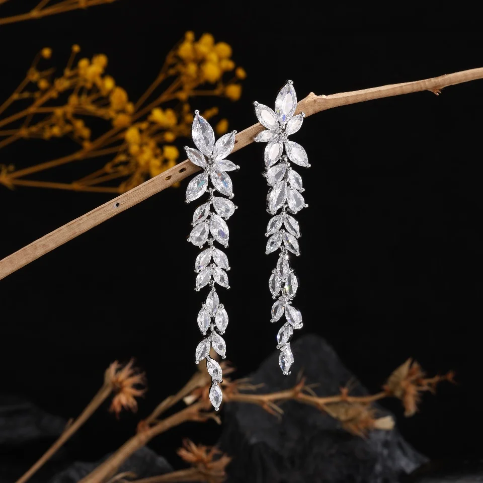 ZAKOL Water Drop Zircon Leaf Shape Bridal Wedding Dangle Earrings For Women Temperament Elegant Party Gift Jewelry Accessories