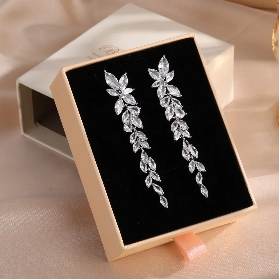 ZAKOL Water Drop Zircon Leaf Shape Bridal Wedding Dangle Earrings For Women Temperament Elegant Party Gift Jewelry Accessories