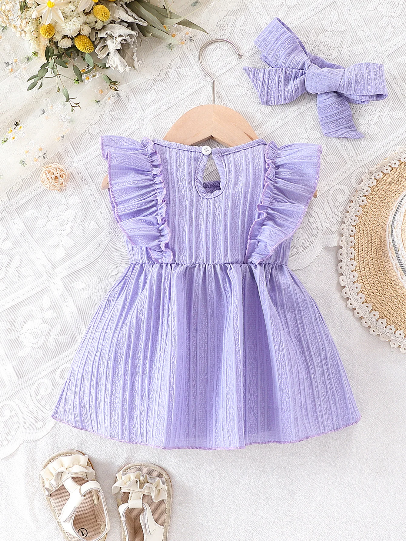 Baby Girl Summer Blue Dress with Ruffled Edges and Bow, Sweet and Cute Style Dress Suitable for 0-3 Year Old Cute Baby Girls