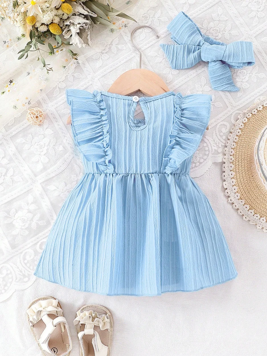 Baby Girl Summer Blue Dress with Ruffled Edges and Bow, Sweet and Cute Style Dress Suitable for 0-3 Year Old Cute Baby Girls