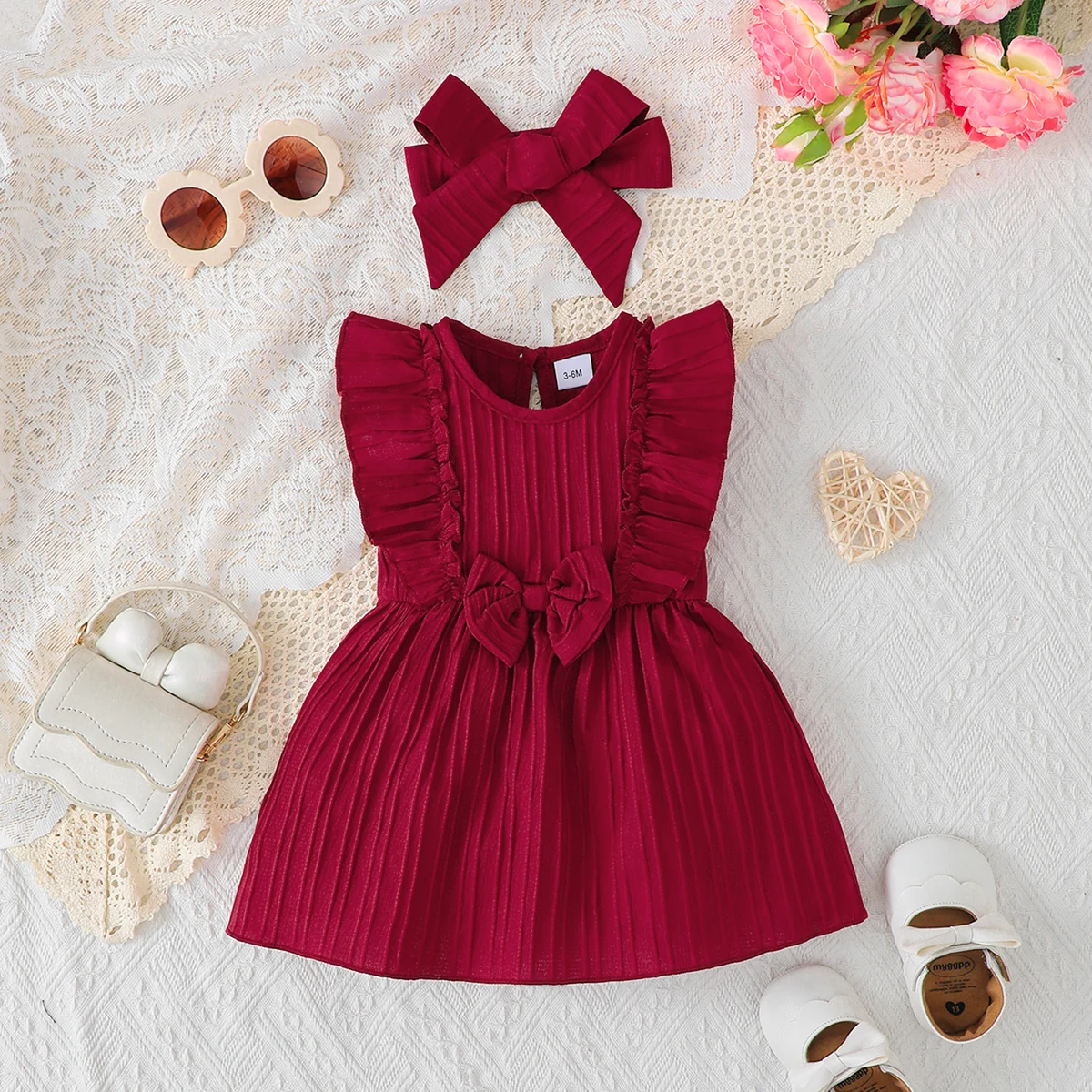 Baby Girl Summer Blue Dress with Ruffled Edges and Bow, Sweet and Cute Style Dress Suitable for 0-3 Year Old Cute Baby Girls