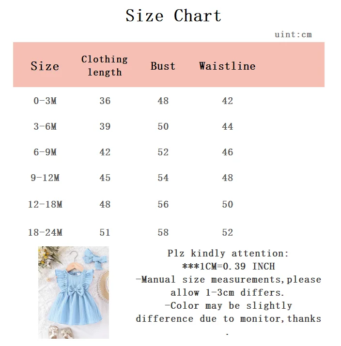 Baby Girl Summer Blue Dress with Ruffled Edges and Bow, Sweet and Cute Style Dress Suitable for 0-3 Year Old Cute Baby Girls