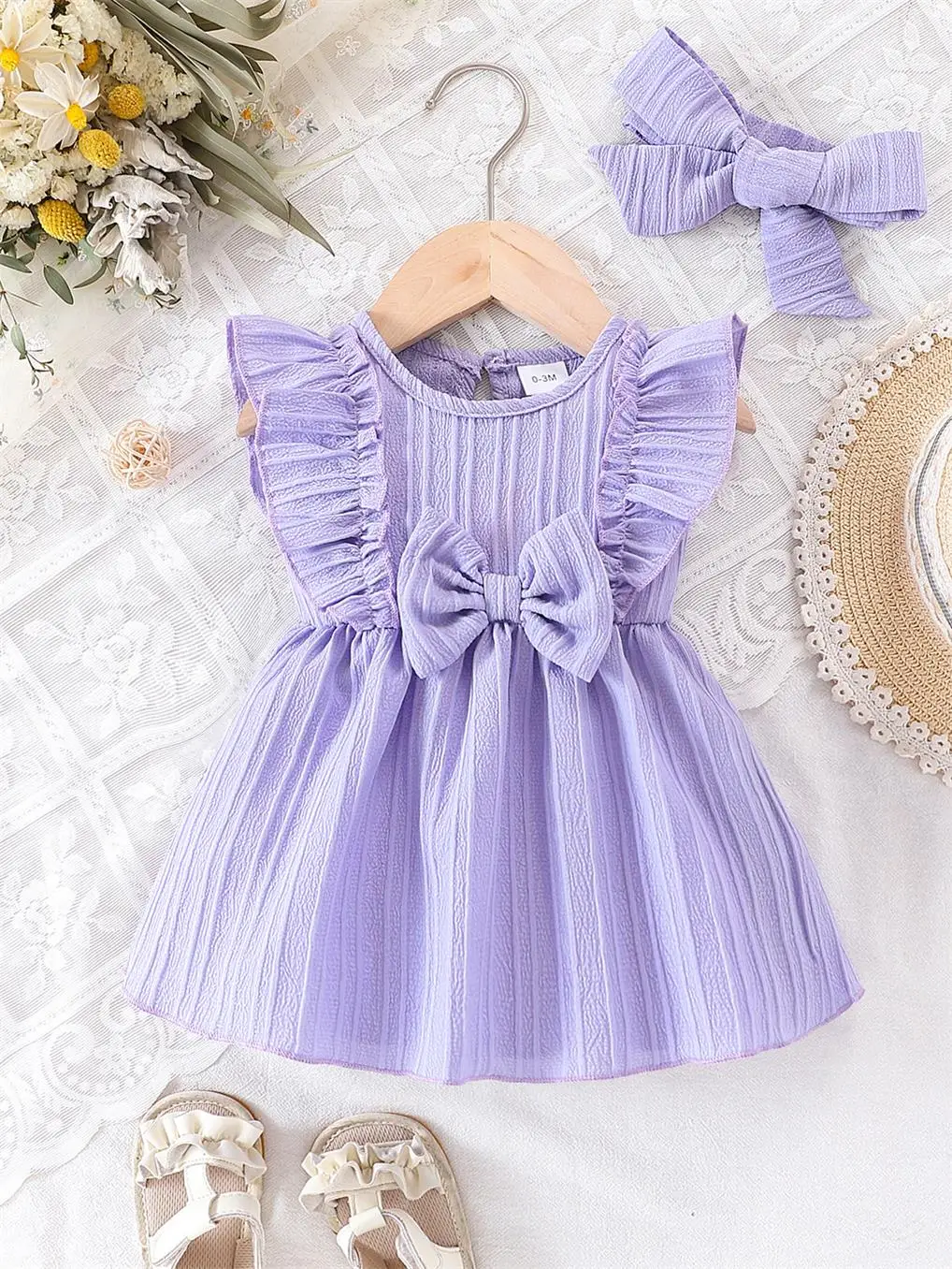 Baby Girl Summer Blue Dress with Ruffled Edges and Bow, Sweet and Cute Style Dress Suitable for 0-3 Year Old Cute Baby Girls