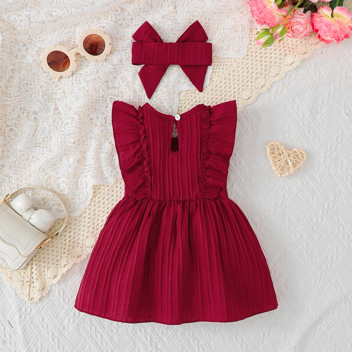 Baby Girl Summer Blue Dress with Ruffled Edges and Bow, Sweet and Cute Style Dress Suitable for 0-3 Year Old Cute Baby Girls