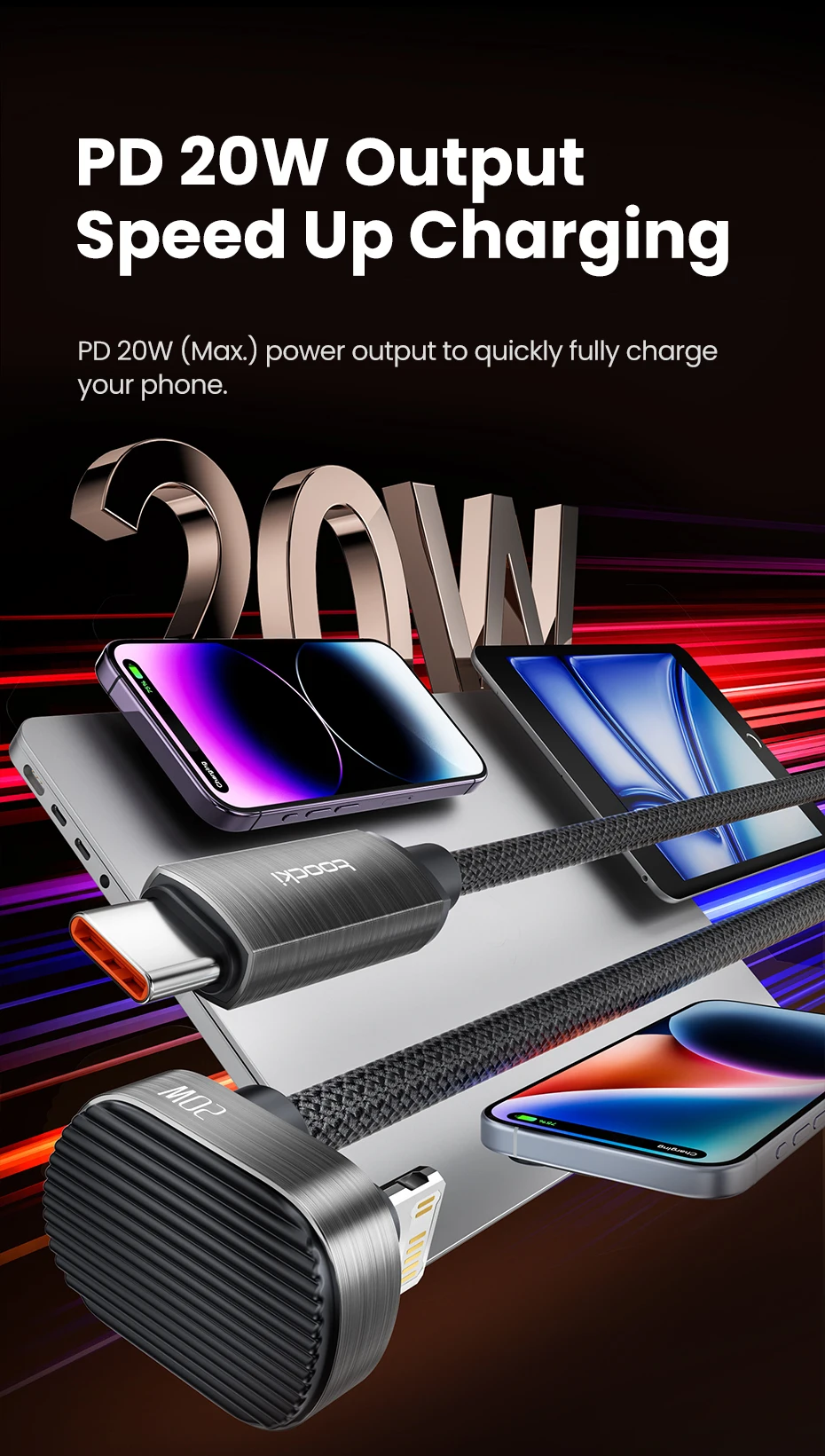 Toocki X97C1 PD20W Fast Charging iP Cable for iPhone 14 USB C to Elbow U-shaped Lighting Cable without Blocking Hands for Gaming