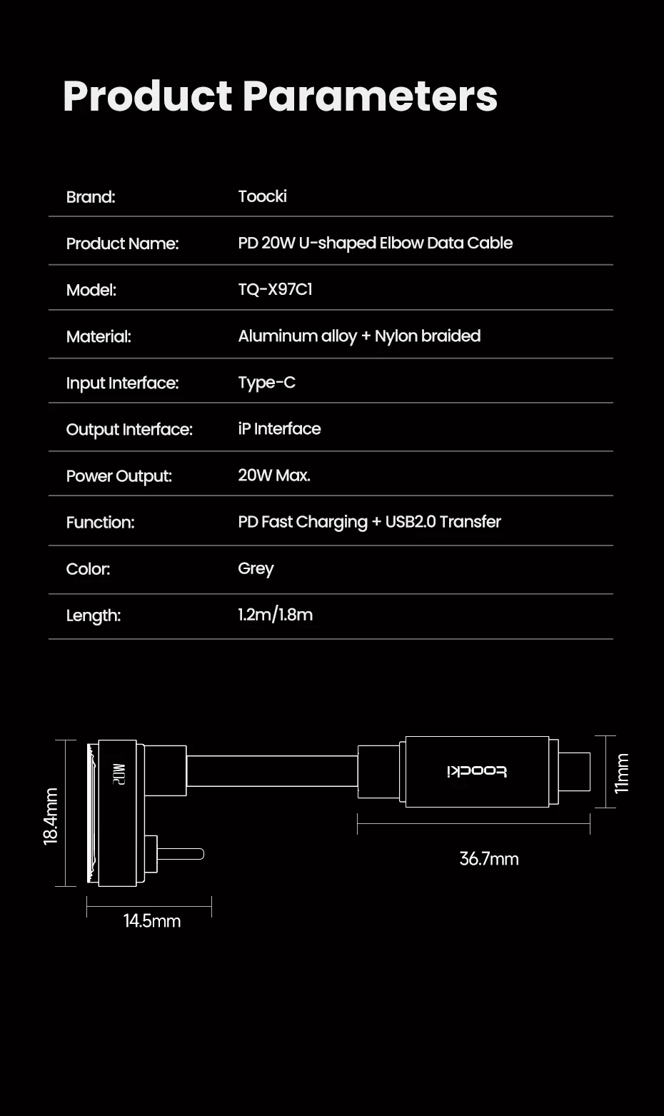 Toocki X97C1 PD20W Fast Charging iP Cable for iPhone 14 USB C to Elbow U-shaped Lighting Cable without Blocking Hands for Gaming