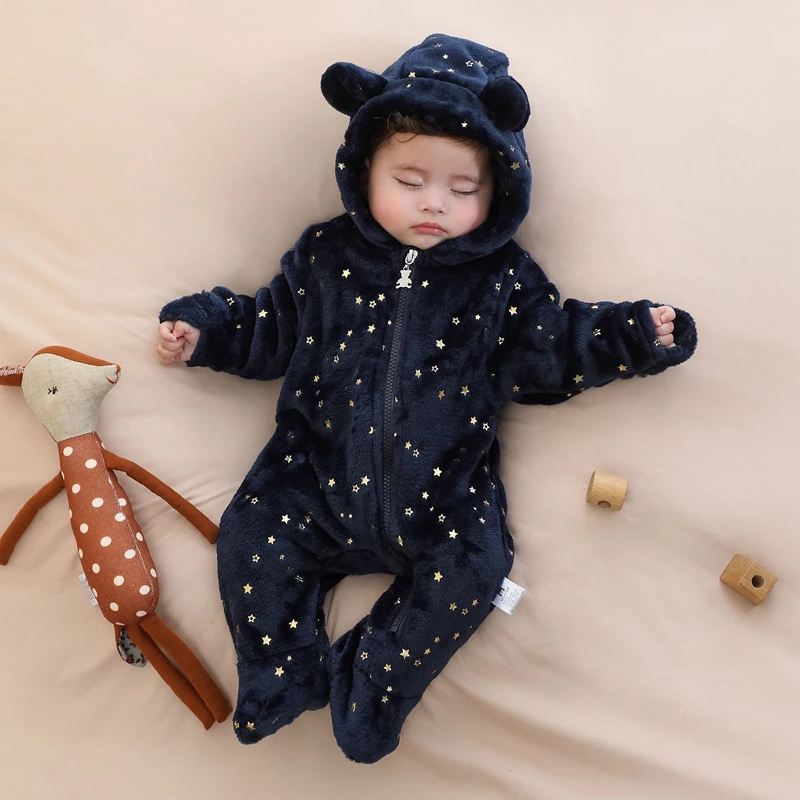 Newborn Baby Flannel Rompers Soft Warm Autumn Winter Bodysuit for Boys & Girls Cartoon Print Jumpsuit 0-19M Newborn Baby Clothes