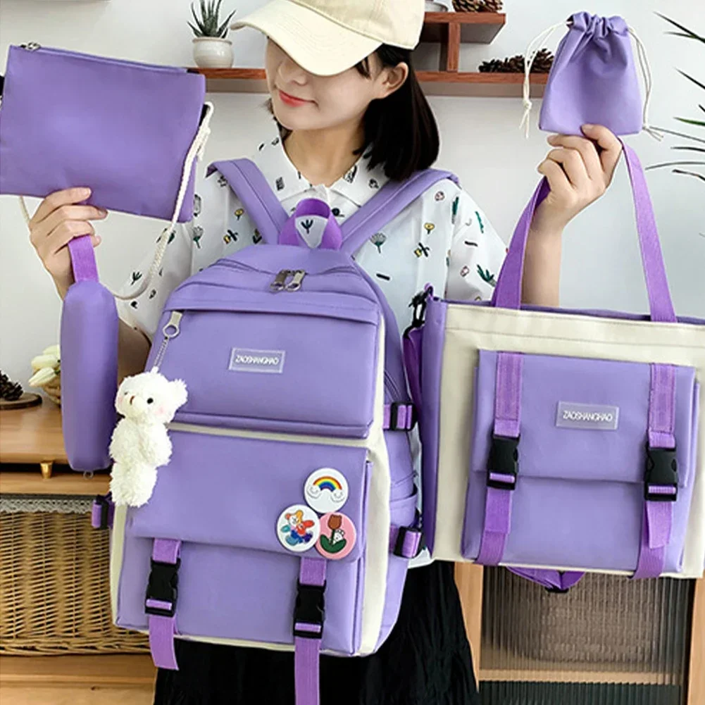 Backpack with Kawaii Pin and Accessories, 5Pcs Kawaii Backpack Combo Kit, Canvas Backpacks, Cute Kawaii Backpack Large Capacity