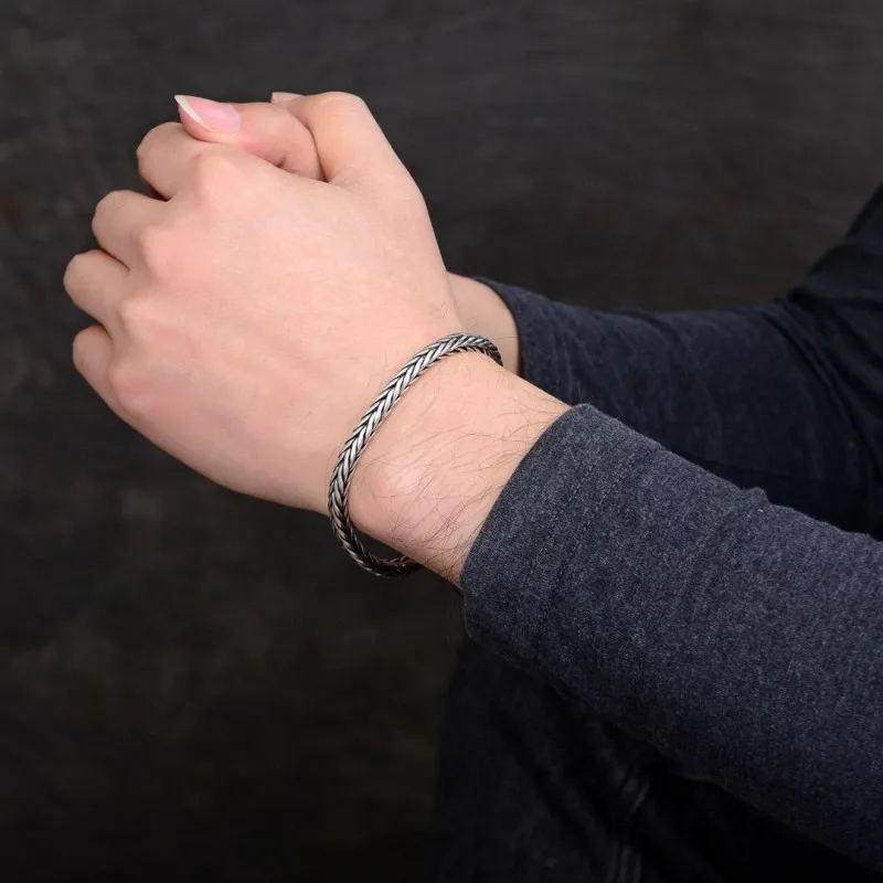 100% S925 Sterling Silver Handmade Woven Retro Domineering Style Personality Keel Man Woman Pure S925 Silver Bracelet Jewelry
