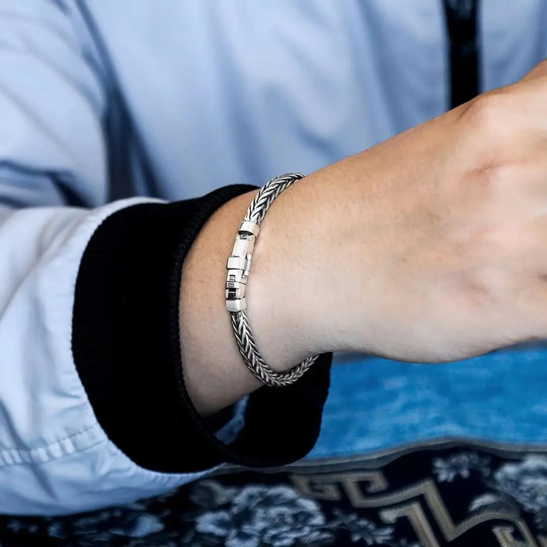 100% S925 Sterling Silver Handmade Woven Retro Domineering Style Personality Keel Man Woman Pure S925 Silver Bracelet Jewelry