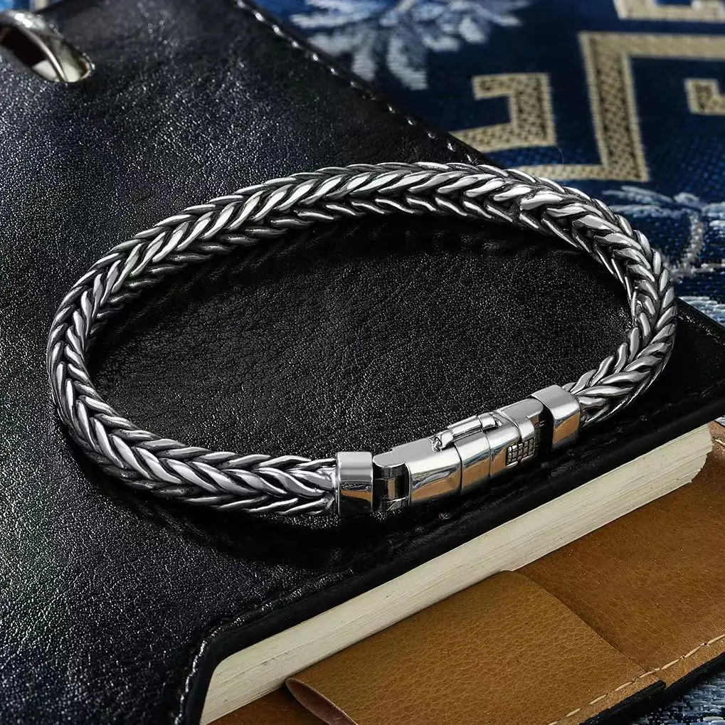 100% S925 Sterling Silver Handmade Woven Retro Domineering Style Personality Keel Man Woman Pure S925 Silver Bracelet Jewelry