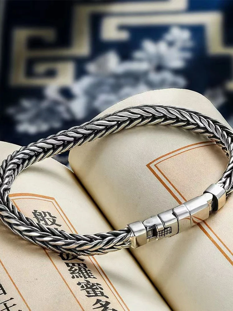 100% S925 Sterling Silver Handmade Woven Retro Domineering Style Personality Keel Man Woman Pure S925 Silver Bracelet Jewelry