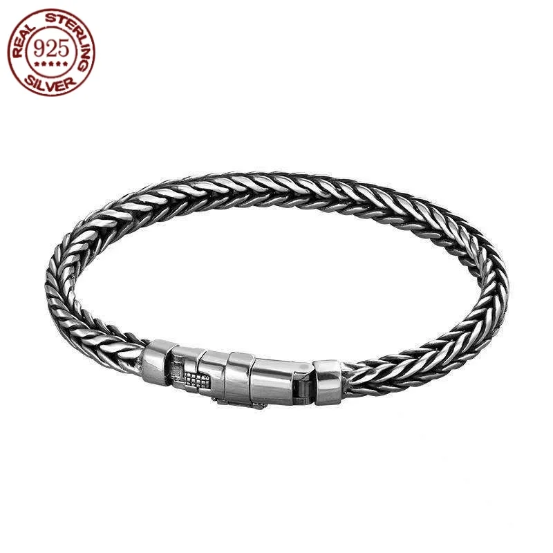 100% S925 Sterling Silver Handmade Woven Retro Domineering Style Personality Keel Man Woman Pure S925 Silver Bracelet Jewelry