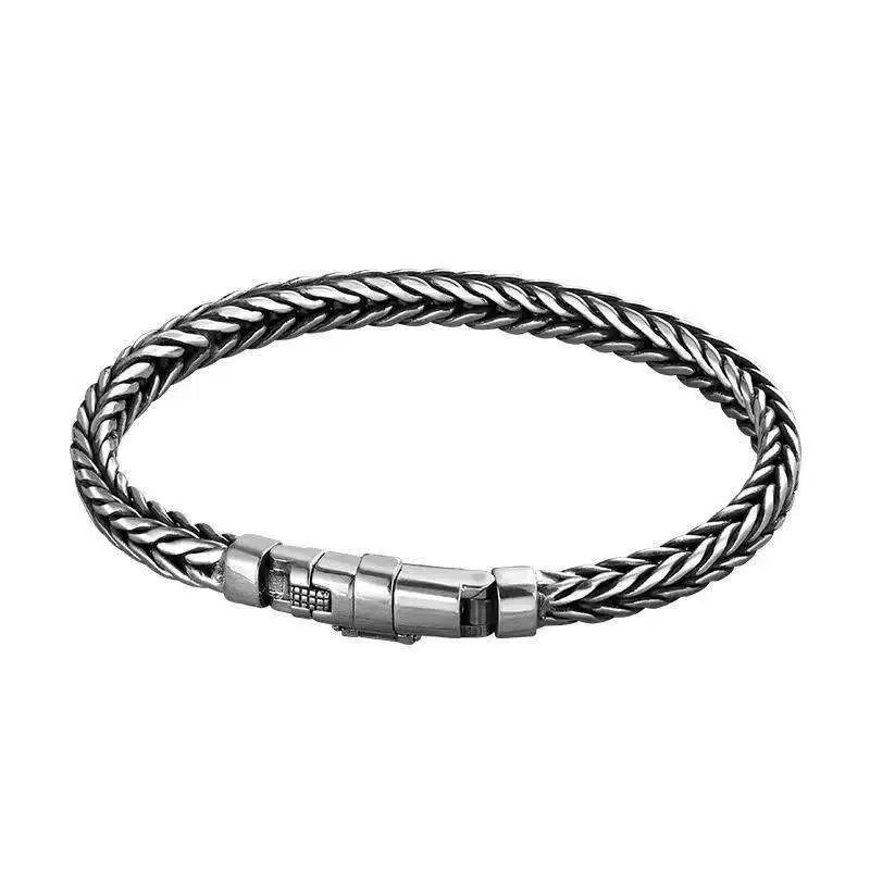 100% S925 Sterling Silver Handmade Woven Retro Domineering Style Personality Keel Man Woman Pure S925 Silver Bracelet Jewelry