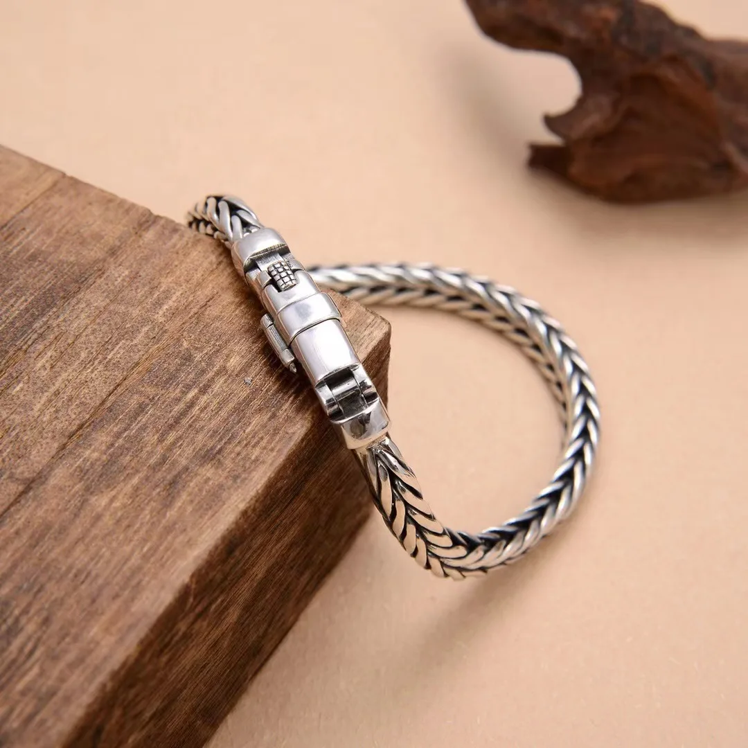 100% S925 Sterling Silver Handmade Woven Retro Domineering Style Personality Keel Man Woman Pure S925 Silver Bracelet Jewelry