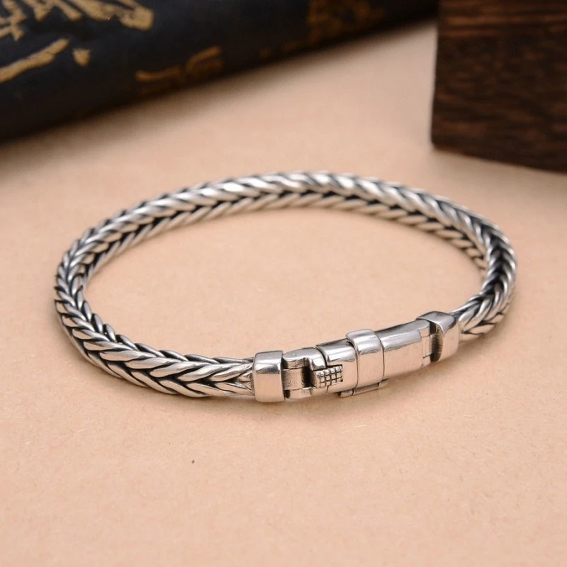 100% S925 Sterling Silver Handmade Woven Retro Domineering Style Personality Keel Man Woman Pure S925 Silver Bracelet Jewelry