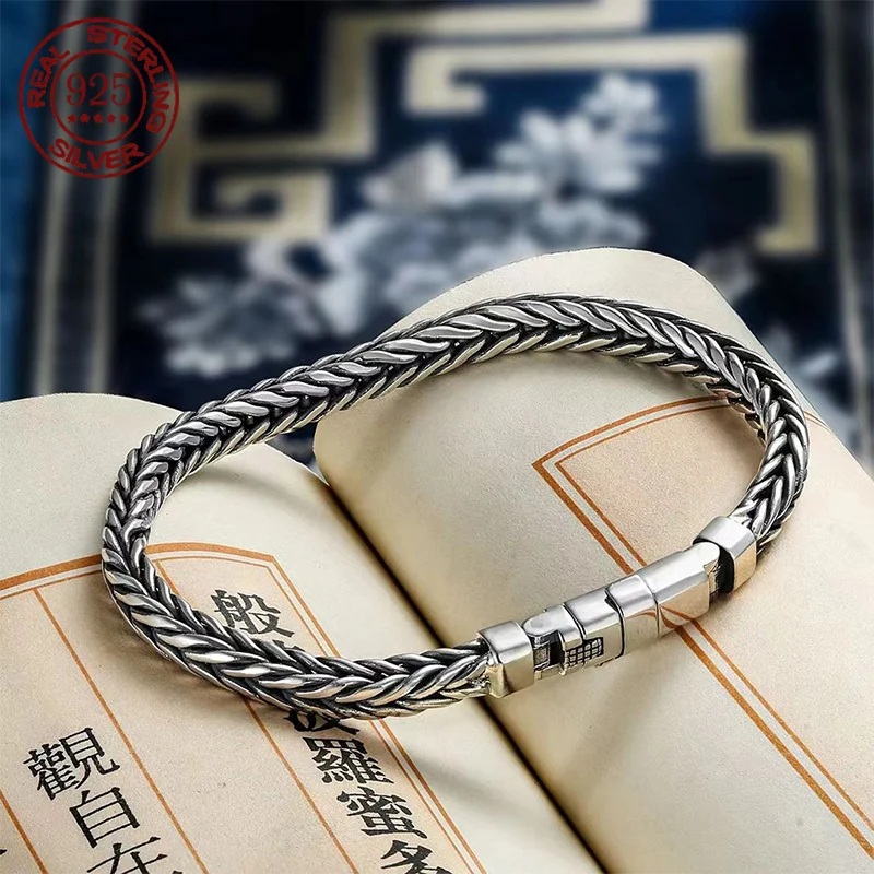 100% S925 Sterling Silver Handmade Woven Retro Domineering Style Personality Keel Man Woman Pure S925 Silver Bracelet Jewelry