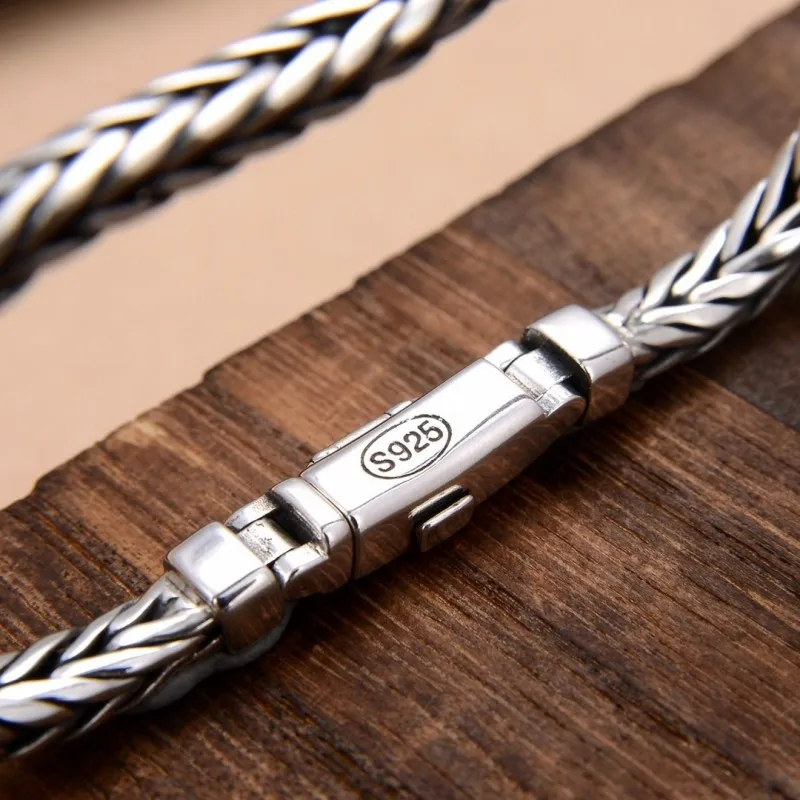 100% S925 Sterling Silver Handmade Woven Retro Domineering Style Personality Keel Man Woman Pure S925 Silver Bracelet Jewelry