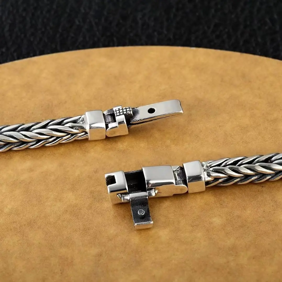 100% S925 Sterling Silver Handmade Woven Retro Domineering Style Personality Keel Man Woman Pure S925 Silver Bracelet Jewelry
