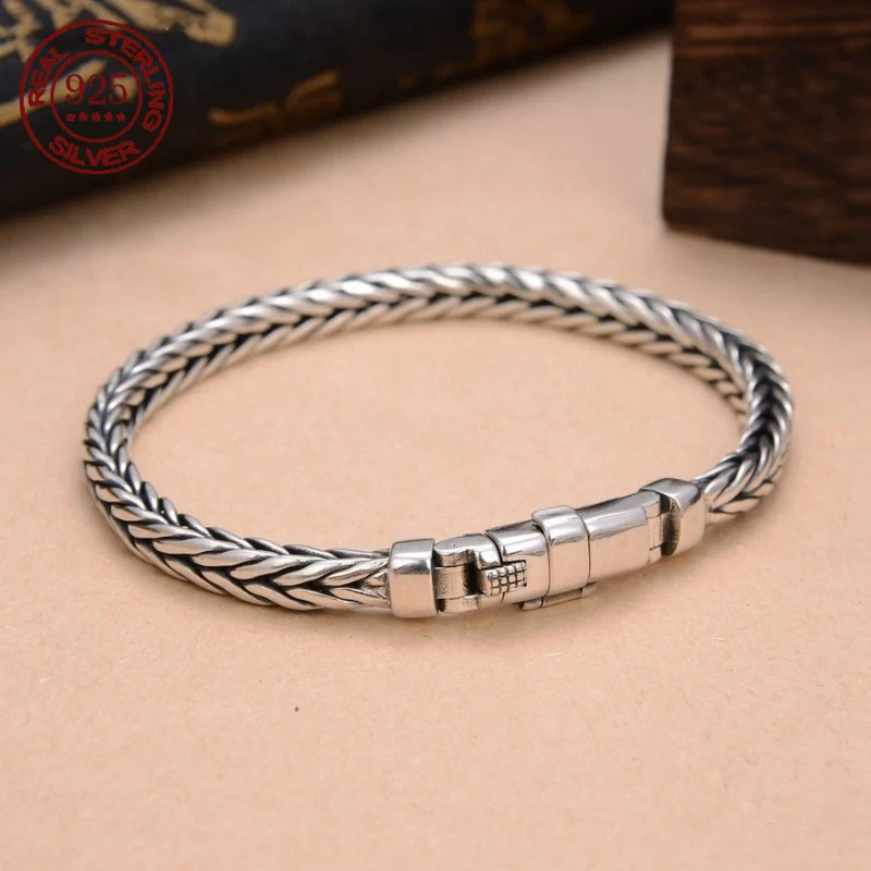 100% S925 Sterling Silver Handmade Woven Retro Domineering Style Personality Keel Man Woman Pure S925 Silver Bracelet Jewelry