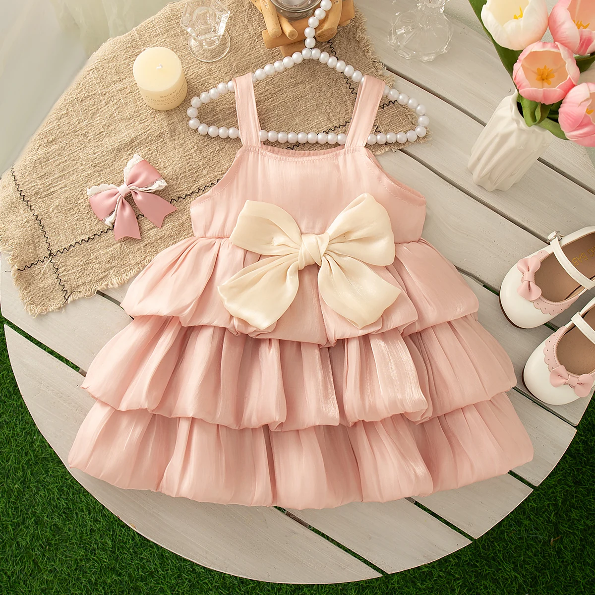 Girls Dresses Summer Bow Multi-Layer Mesh Halter Baby Girl Dresses Cute Birthday Party Dresses Baby Dresses Baby Girl Clothing