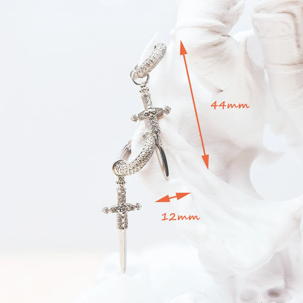 White Zircon Pave Sword Cross Creole Hinged Hoop Earrings Fine Jewelry For Women Men Vintage Gift In 925 Sterling Silver