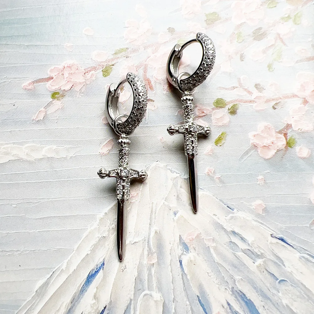 White Zircon Pave Sword Cross Creole Hinged Hoop Earrings Fine Jewelry For Women Men Vintage Gift In 925 Sterling Silver