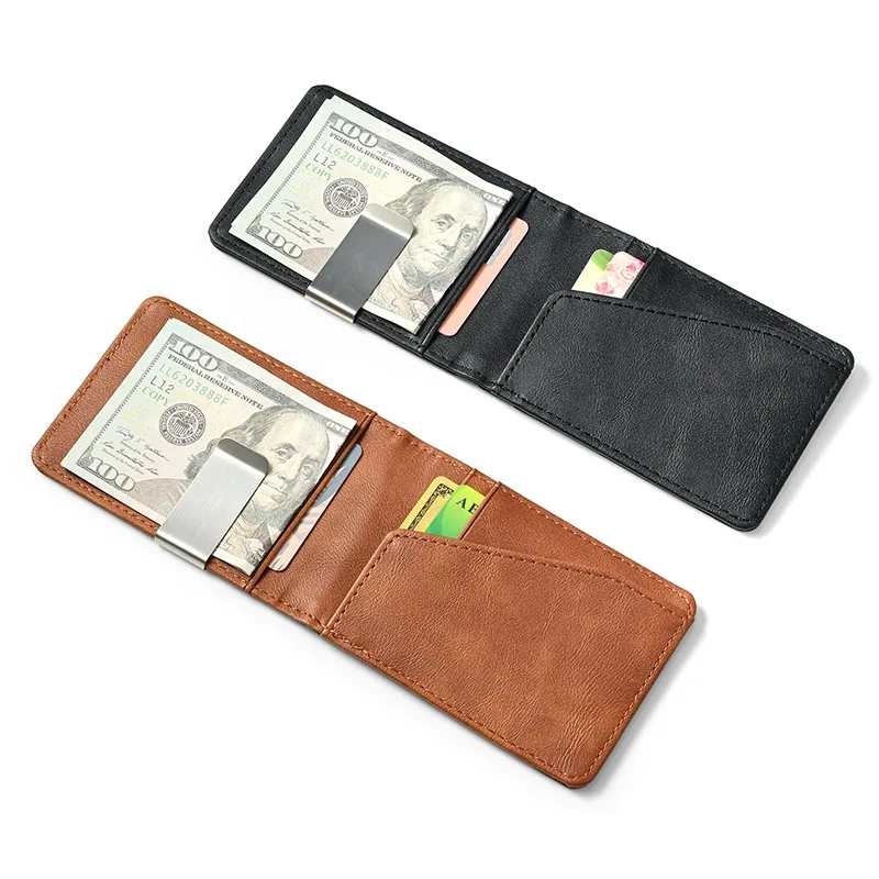 New Fashion Men's Leather Money Clips Wallet With A Metal Clamp Multifunctional Male Slim Card Purse For Money Cash Holder