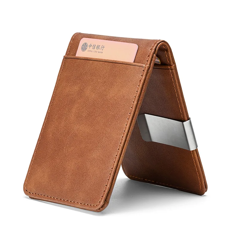 New Fashion Men's Leather Money Clips Wallet With A Metal Clamp Multifunctional Male Slim Card Purse For Money Cash Holder