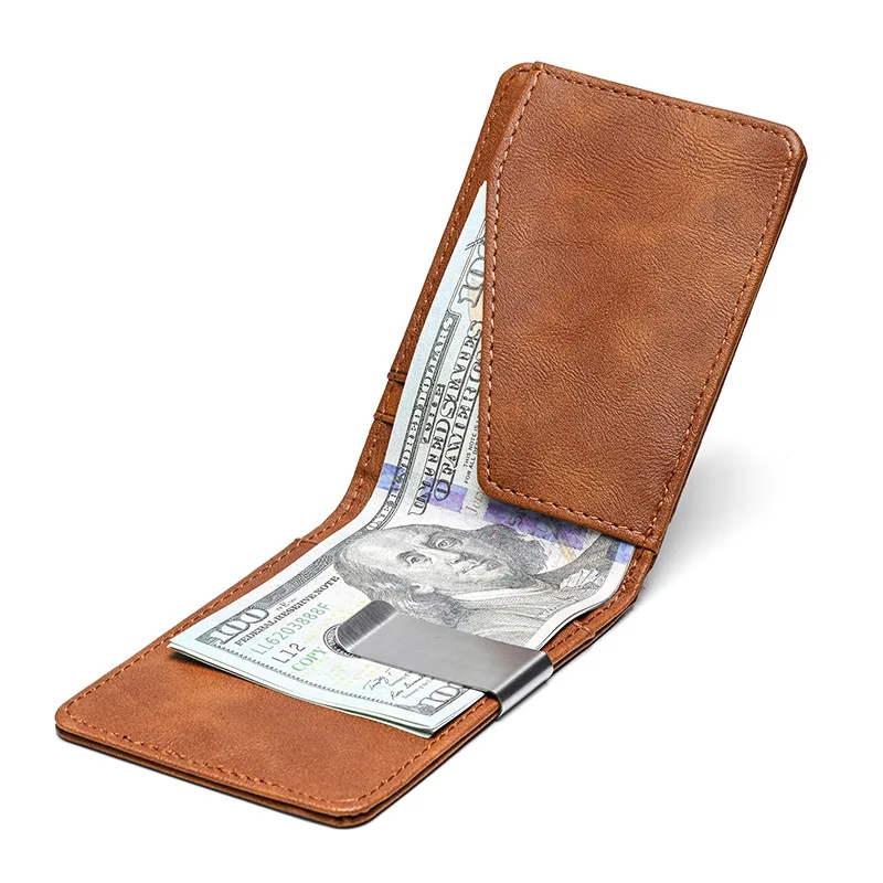 New Fashion Men's Leather Money Clips Wallet With A Metal Clamp Multifunctional Male Slim Card Purse For Money Cash Holder