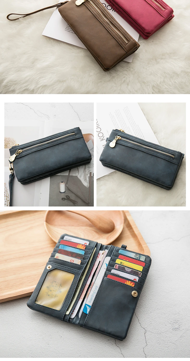 Classic Vintage Women's Long Wallet Simple Double Zipper Large Capacity Handbag PU Leather Multi-Card Slot Credit Card Holder