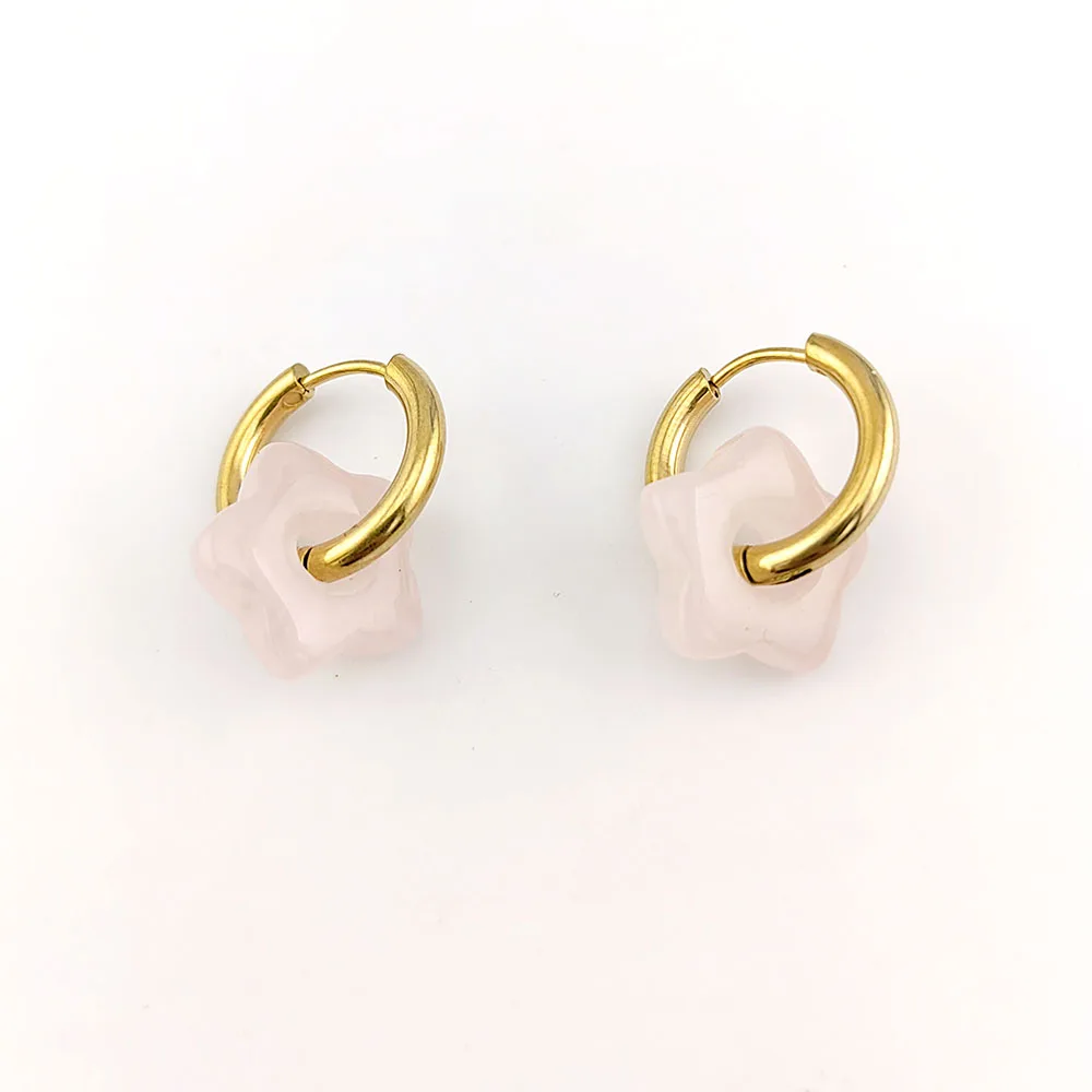 HUIDANG Stainless Steel Hoop Earrings With Stones Ohrringe Natural Flower Green Stone Earrings Woman Trending Pendientes