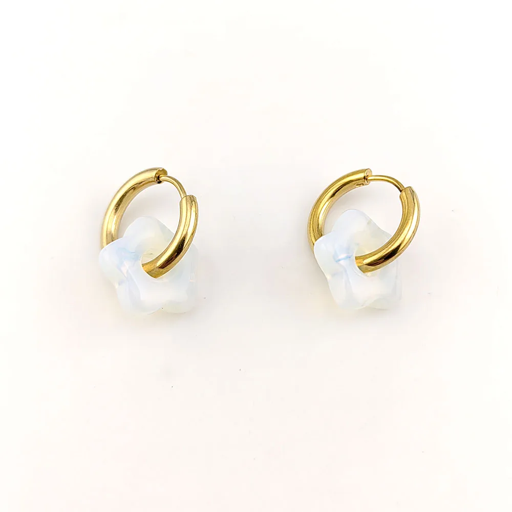 HUIDANG Stainless Steel Hoop Earrings With Stones Ohrringe Natural Flower Green Stone Earrings Woman Trending Pendientes