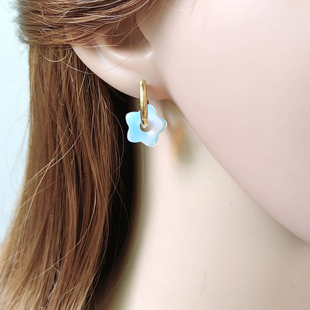 HUIDANG Stainless Steel Hoop Earrings With Stones Ohrringe Natural Flower Green Stone Earrings Woman Trending Pendientes