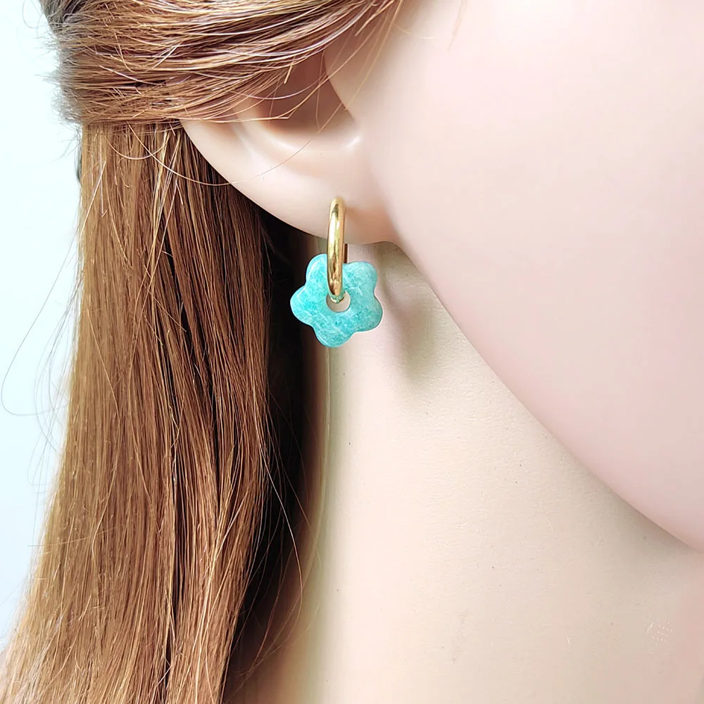 HUIDANG Stainless Steel Hoop Earrings With Stones Ohrringe Natural Flower Green Stone Earrings Woman Trending Pendientes