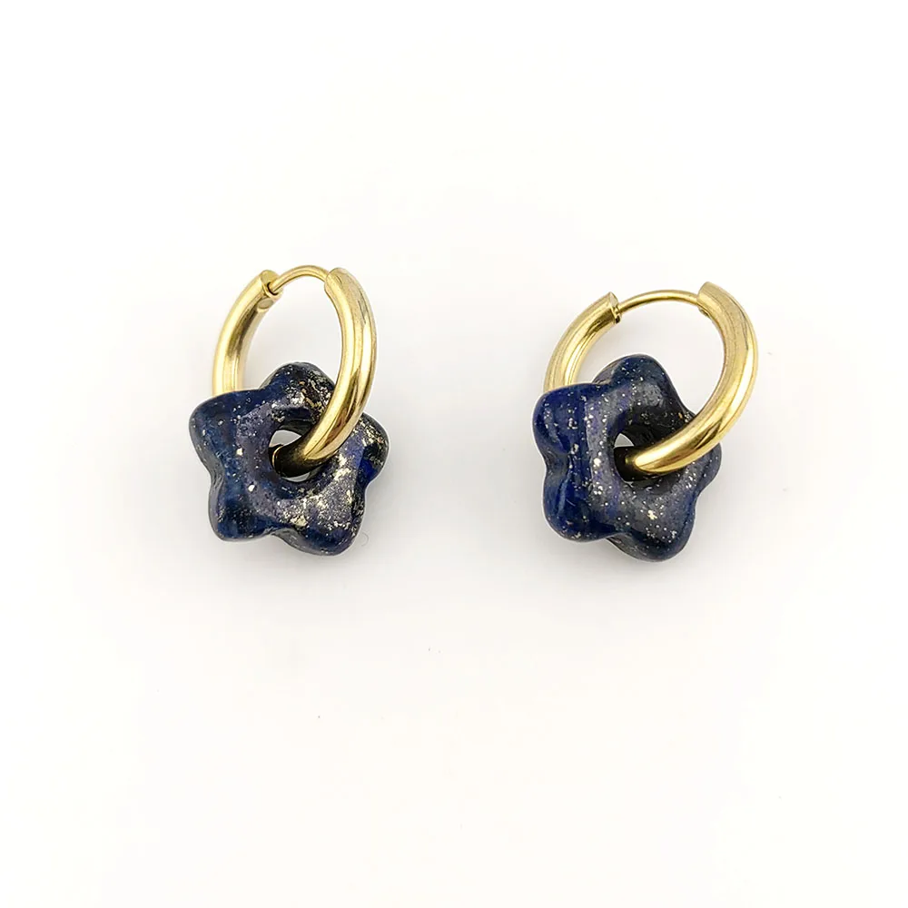 HUIDANG Stainless Steel Hoop Earrings With Stones Ohrringe Natural Flower Green Stone Earrings Woman Trending Pendientes