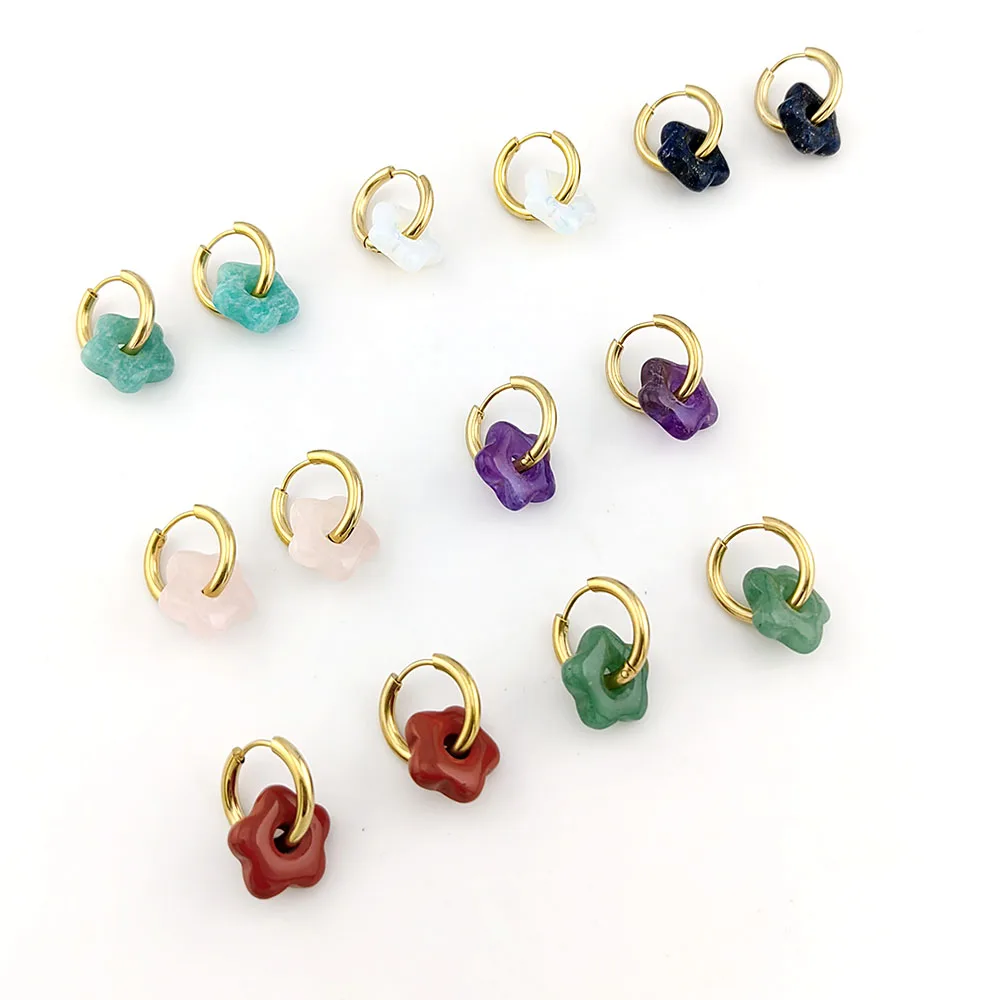 HUIDANG Stainless Steel Hoop Earrings With Stones Ohrringe Natural Flower Green Stone Earrings Woman Trending Pendientes