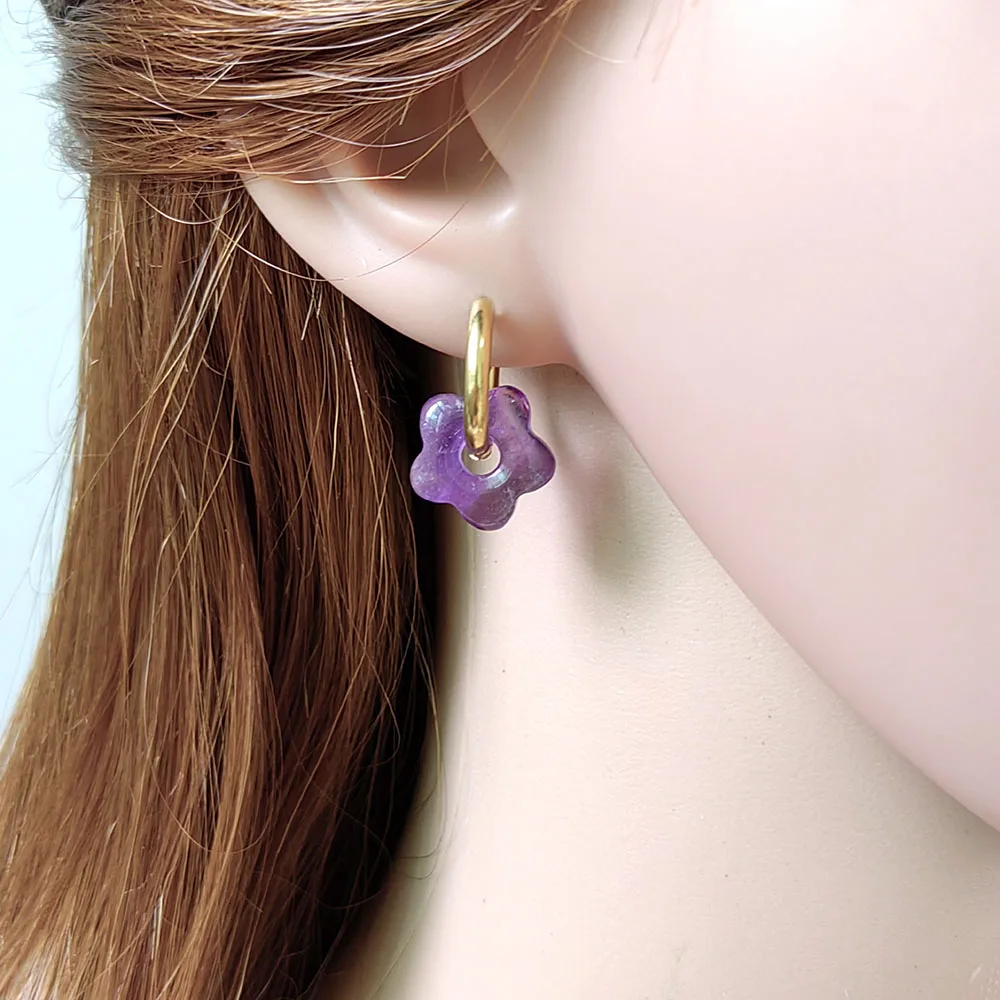 HUIDANG Stainless Steel Hoop Earrings With Stones Ohrringe Natural Flower Green Stone Earrings Woman Trending Pendientes