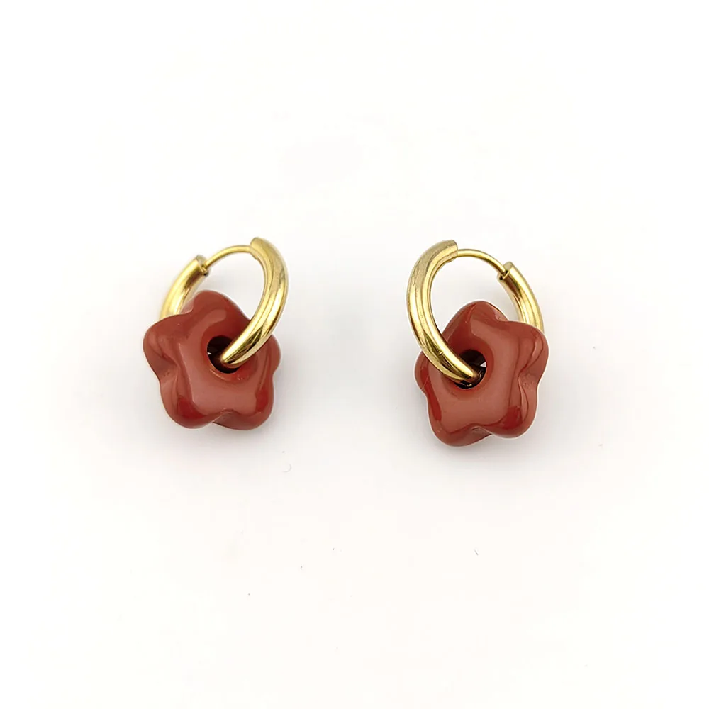 HUIDANG Stainless Steel Hoop Earrings With Stones Ohrringe Natural Flower Green Stone Earrings Woman Trending Pendientes