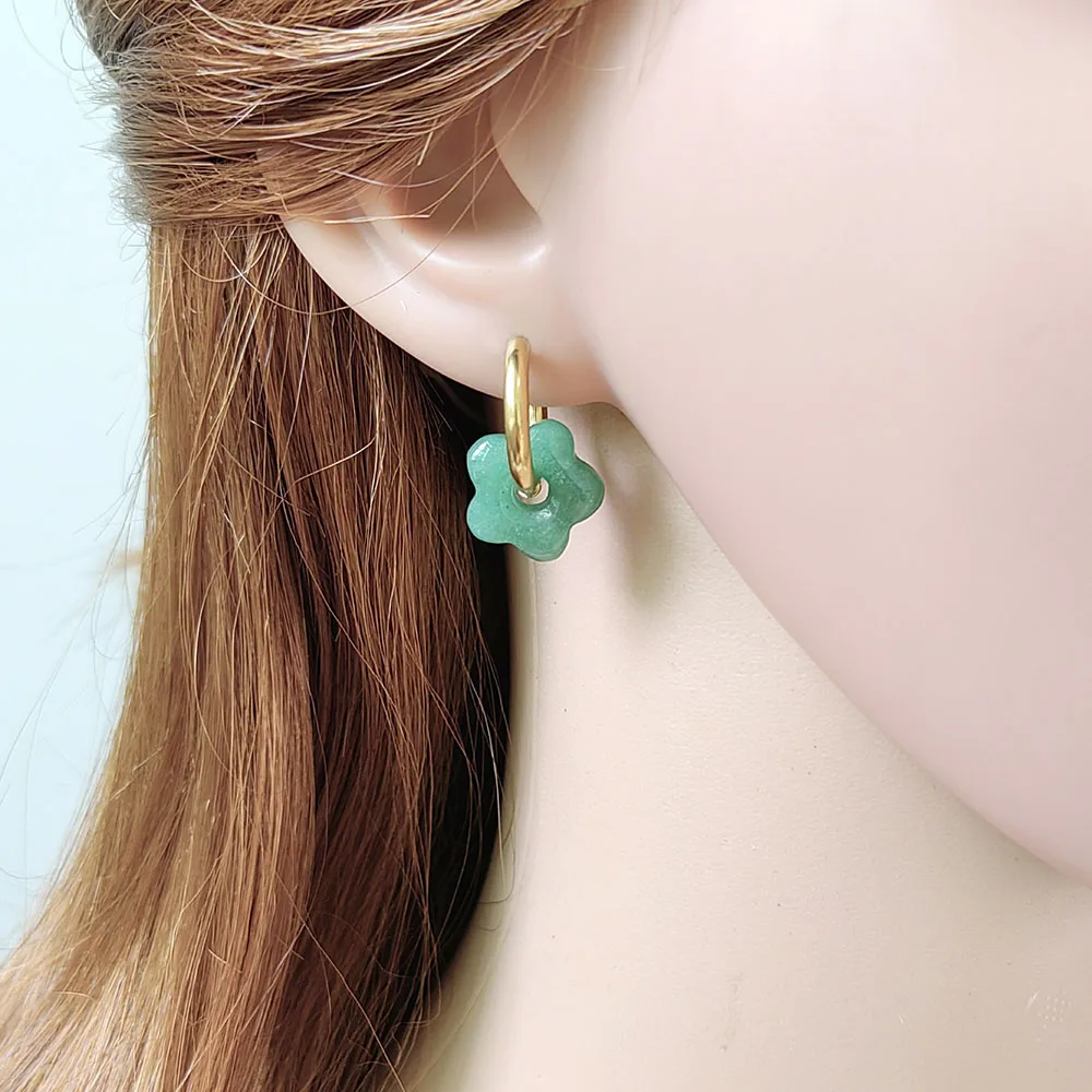 HUIDANG Stainless Steel Hoop Earrings With Stones Ohrringe Natural Flower Green Stone Earrings Woman Trending Pendientes