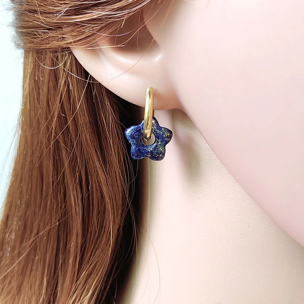 HUIDANG Stainless Steel Hoop Earrings With Stones Ohrringe Natural Flower Green Stone Earrings Woman Trending Pendientes
