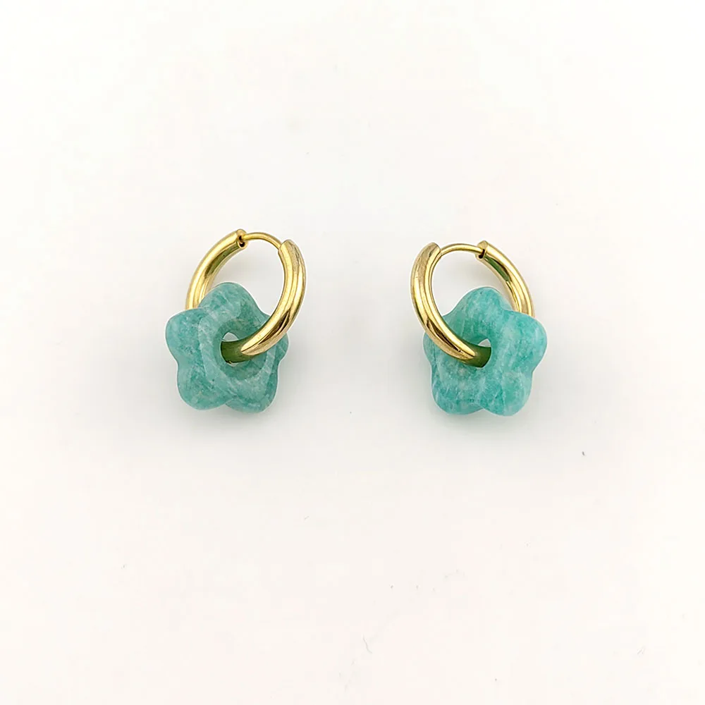 HUIDANG Stainless Steel Hoop Earrings With Stones Ohrringe Natural Flower Green Stone Earrings Woman Trending Pendientes
