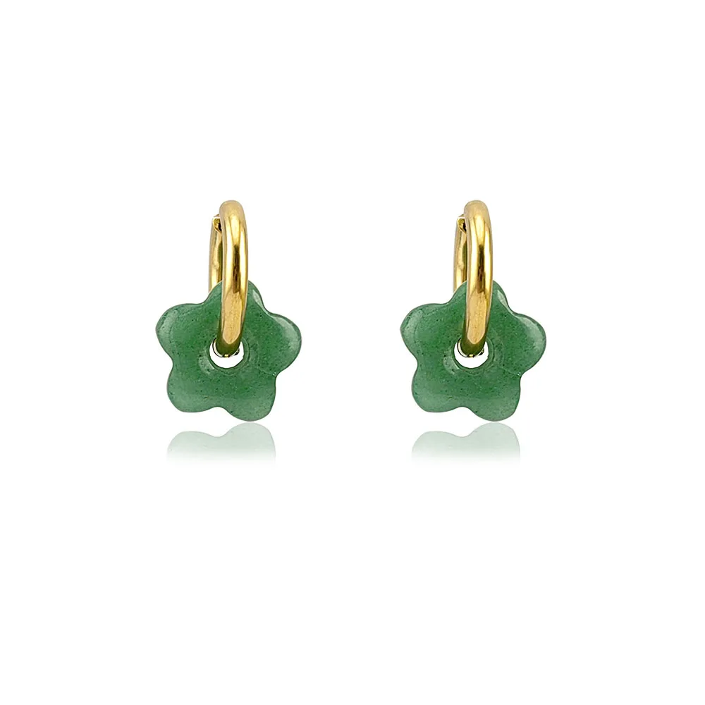 HUIDANG Stainless Steel Hoop Earrings With Stones Ohrringe Natural Flower Green Stone Earrings Woman Trending Pendientes