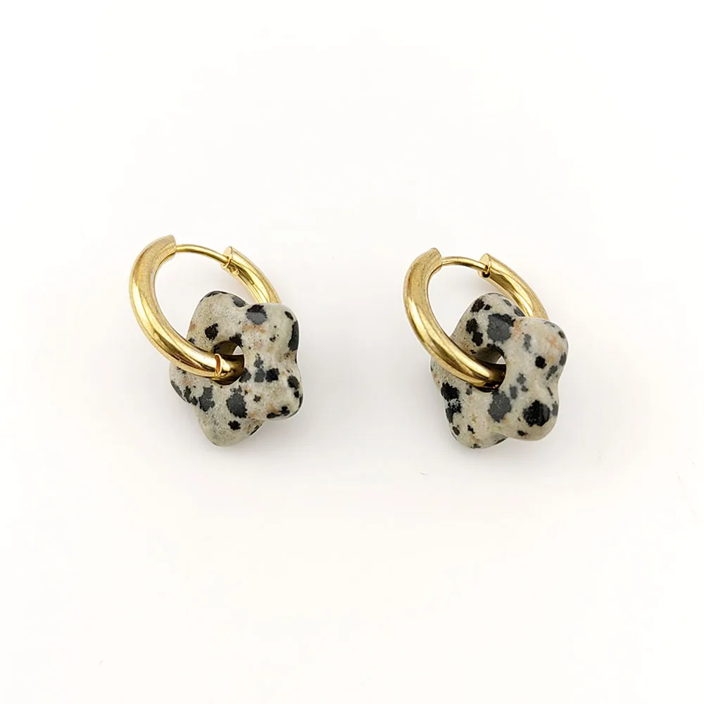 HUIDANG Stainless Steel Hoop Earrings With Stones Ohrringe Natural Flower Green Stone Earrings Woman Trending Pendientes