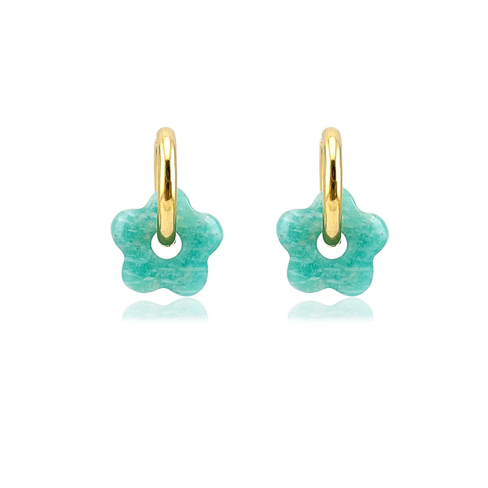 HUIDANG Stainless Steel Hoop Earrings With Stones Ohrringe Natural Flower Green Stone Earrings Woman Trending Pendientes