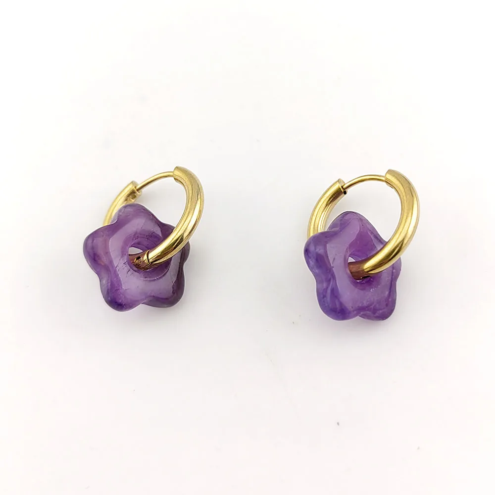 HUIDANG Stainless Steel Hoop Earrings With Stones Ohrringe Natural Flower Green Stone Earrings Woman Trending Pendientes