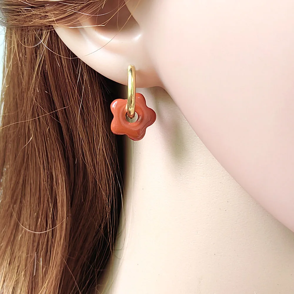 HUIDANG Stainless Steel Hoop Earrings With Stones Ohrringe Natural Flower Green Stone Earrings Woman Trending Pendientes