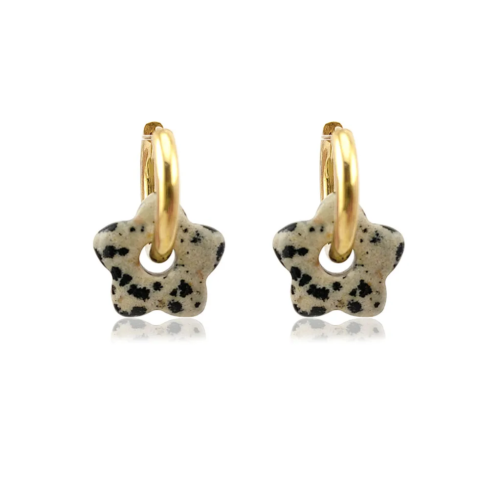 HUIDANG Stainless Steel Hoop Earrings With Stones Ohrringe Natural Flower Green Stone Earrings Woman Trending Pendientes